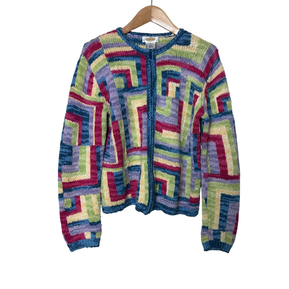 Talbots Vintage Multi Color Geometric Zip Front Cotton Knit Cardigan Sweater S